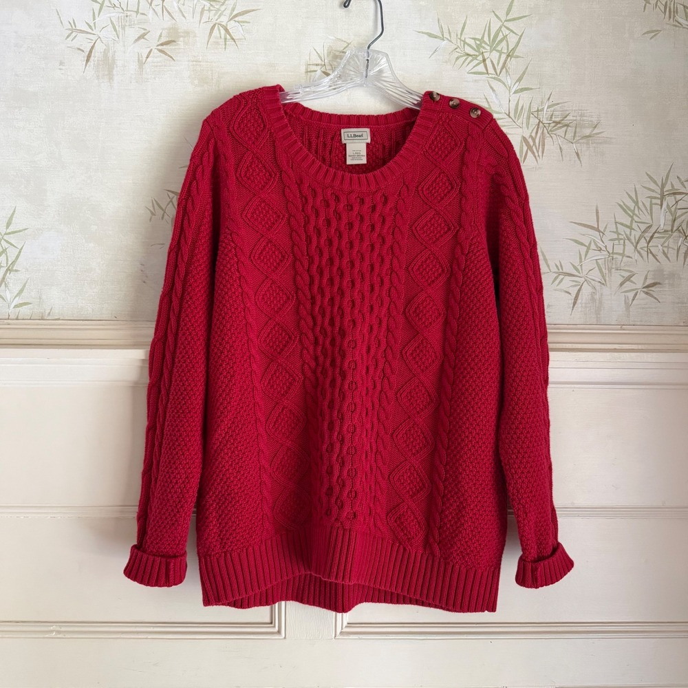 LL Bean Cotton Cable Knit Sweater Red Large Crewneck Cozy Academia Fisherman